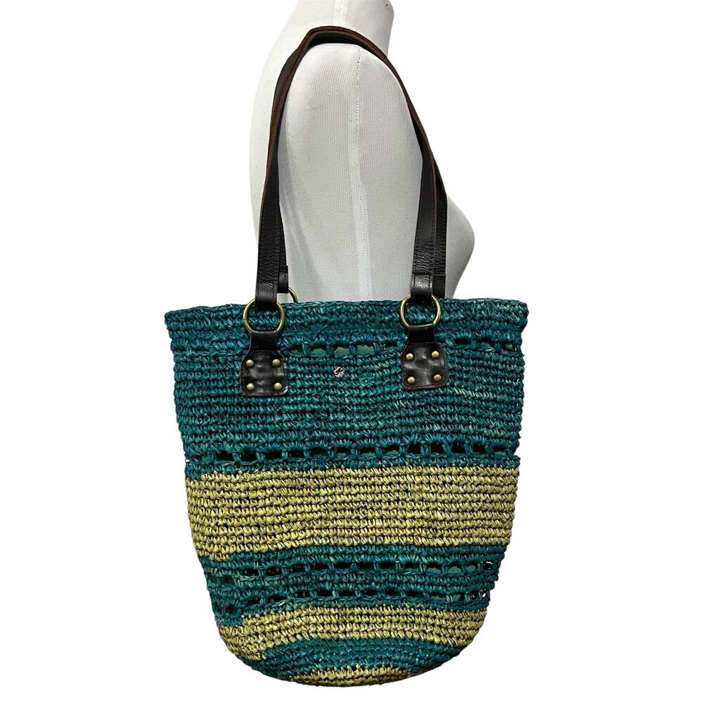 Flora Bella Raffia Straw Crochet Beach Market Bag Purse Tote Leather Straps Blue